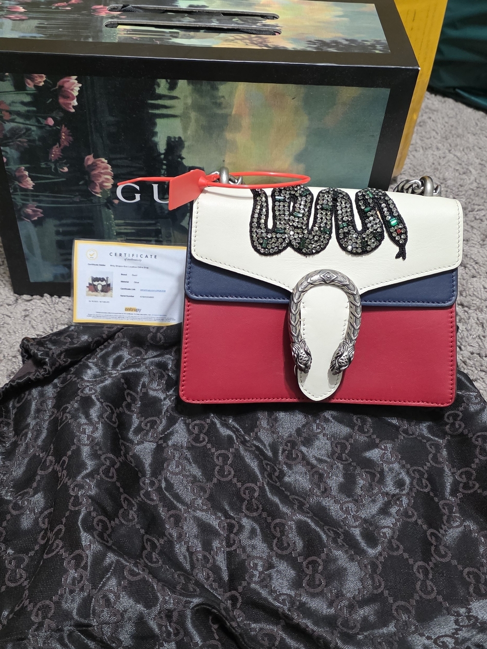 Gucci Red White Navy Dionysus Shoulder Bag with Bejeweled Snake